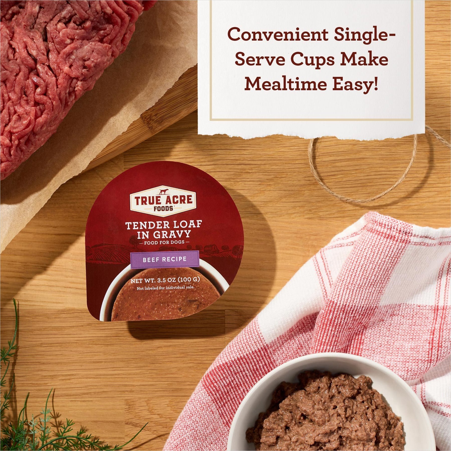 True Acre Foods Beef Recipe Tender Loaf in Gravy, Wet Dog Food, 3.5-oz cup, case of 12
