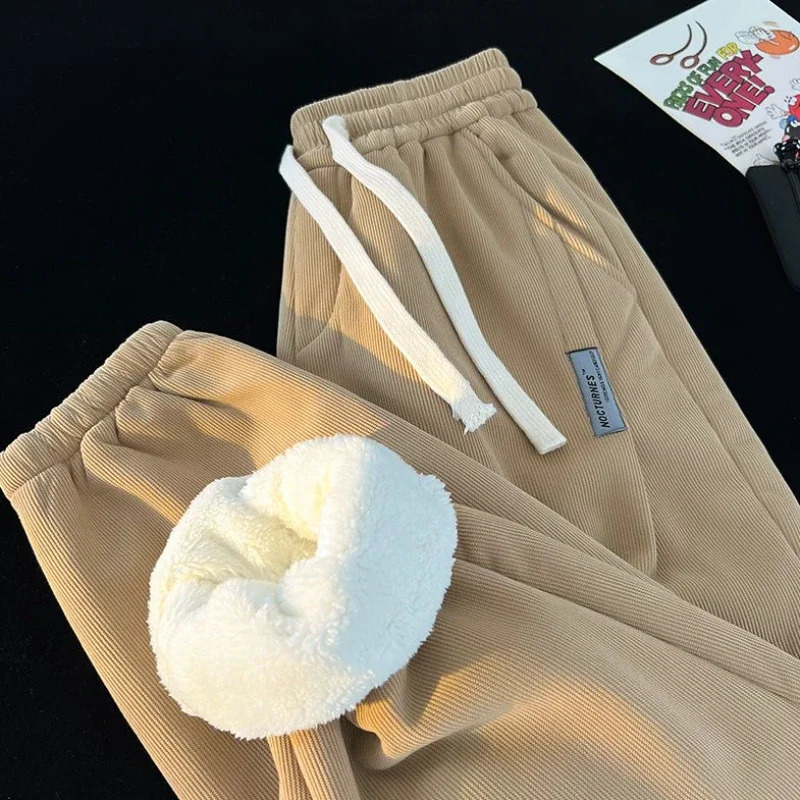Men Winter Corduroy Plush Extra Thick Pants Lambswool Warm Loose Comfortable Rib Leg Lined Fleece Sports Joggers Trousers 241122