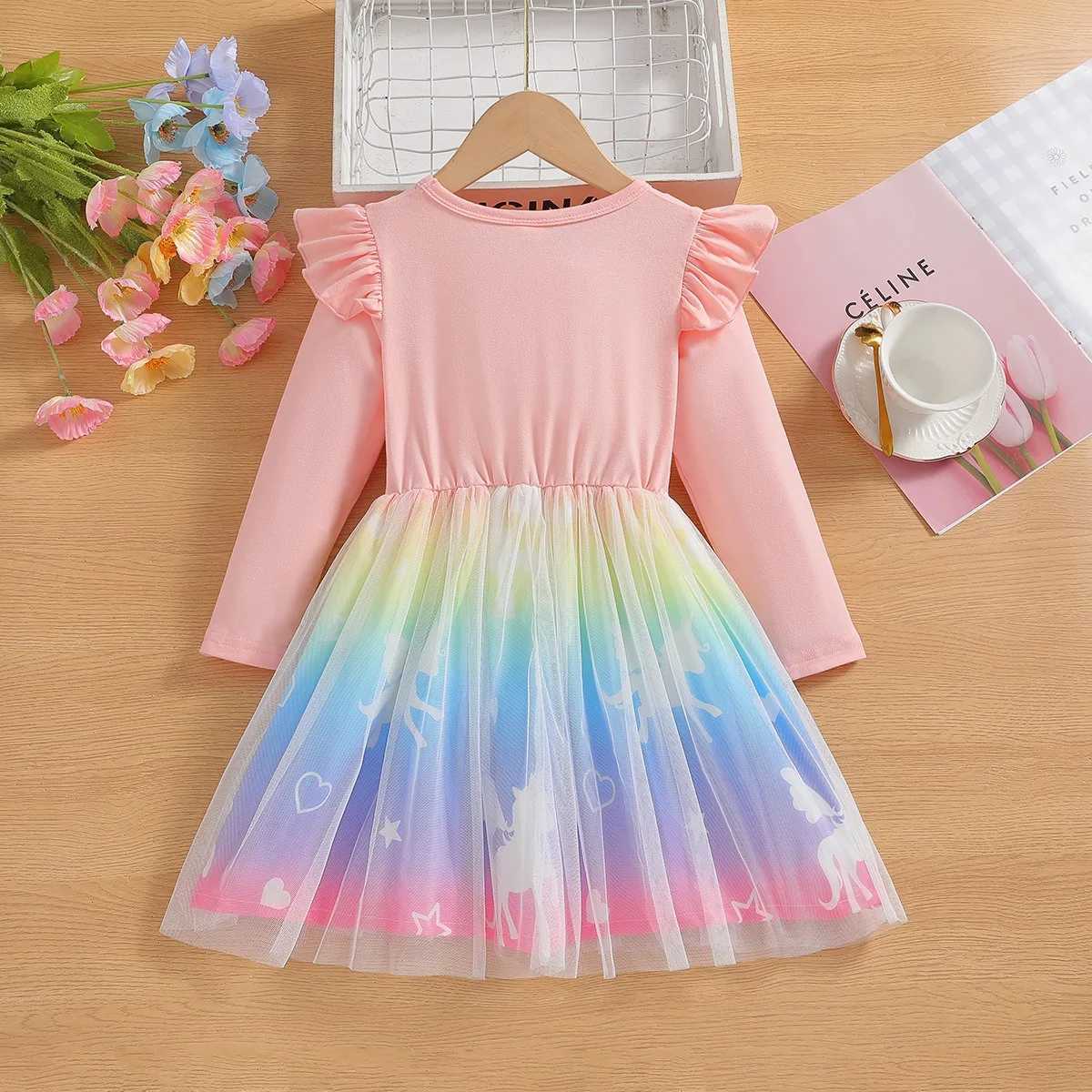 2025 New Princess Dress Girls Dress Autumn Spring Kids Clothes Birthday Par Dress Long-sleeved for Children Rainbow Z250214