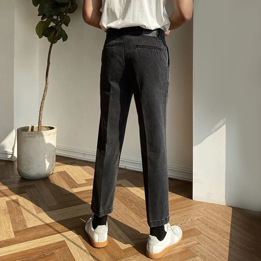 Mens French Slim Fashion Distressed High Waist Jeans Genderless Retro Solid Color Denim Straight Leg Casual Nine-Point Pants 240410