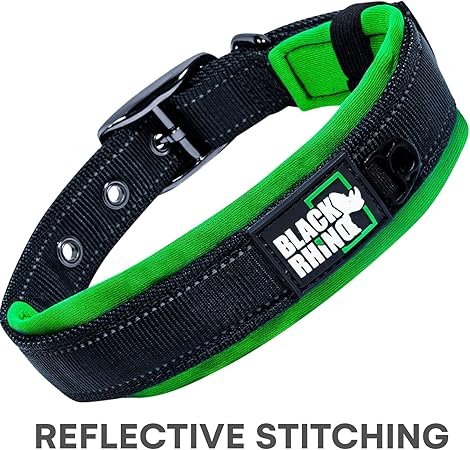 Black Rhino The Comfort Ultra Soft Neoprene Padded Dog Collar for All Breeds - Heavy Duty Adjustable Reflective Weatherproof
