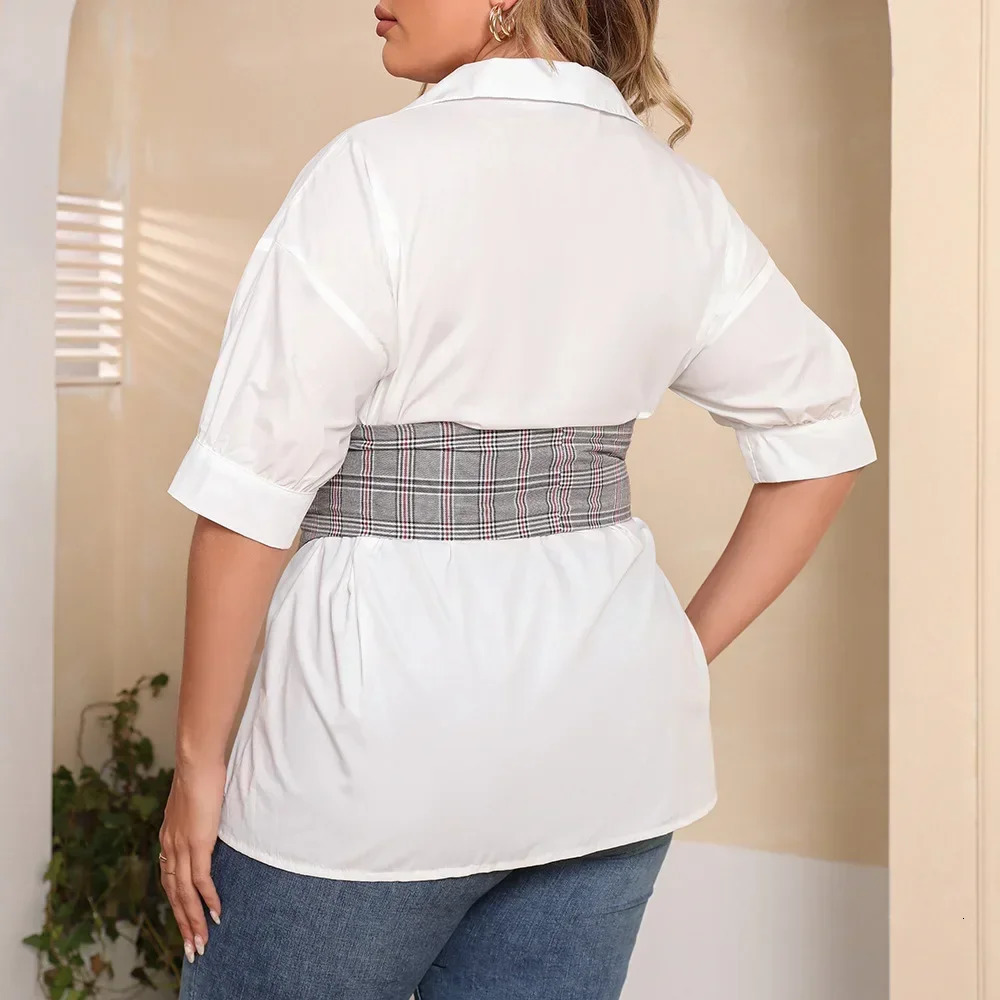 White Plus Size Women Shirt with Wait Belt Drop Shoulder Short Sleeve Asymmetrical Curve Tops for OL Blouse Big 240419