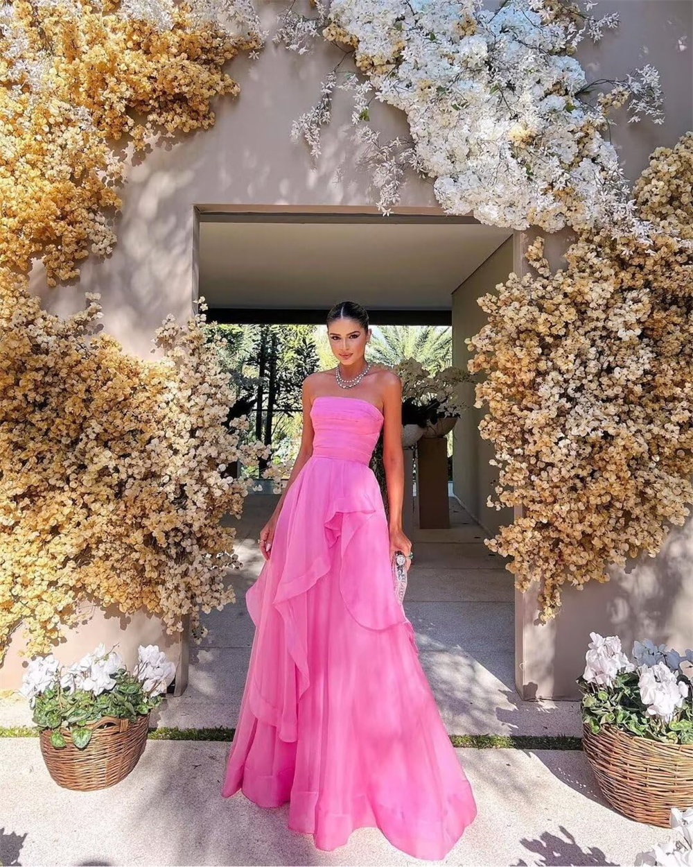 Strapless Long Prom Dresses Chiffon Ruffles A-Line Lace-up Plus Size Formal Occasion Evening Party Gown Pd18