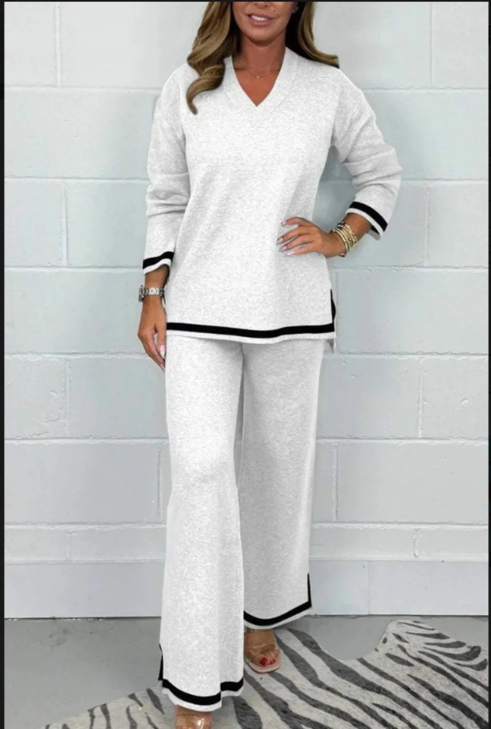 Autumn Winter Fashion Knitted Two Piece Set Women Casual Loose Vneck Long Sleeved Pullover Wide Leg Pants 241122