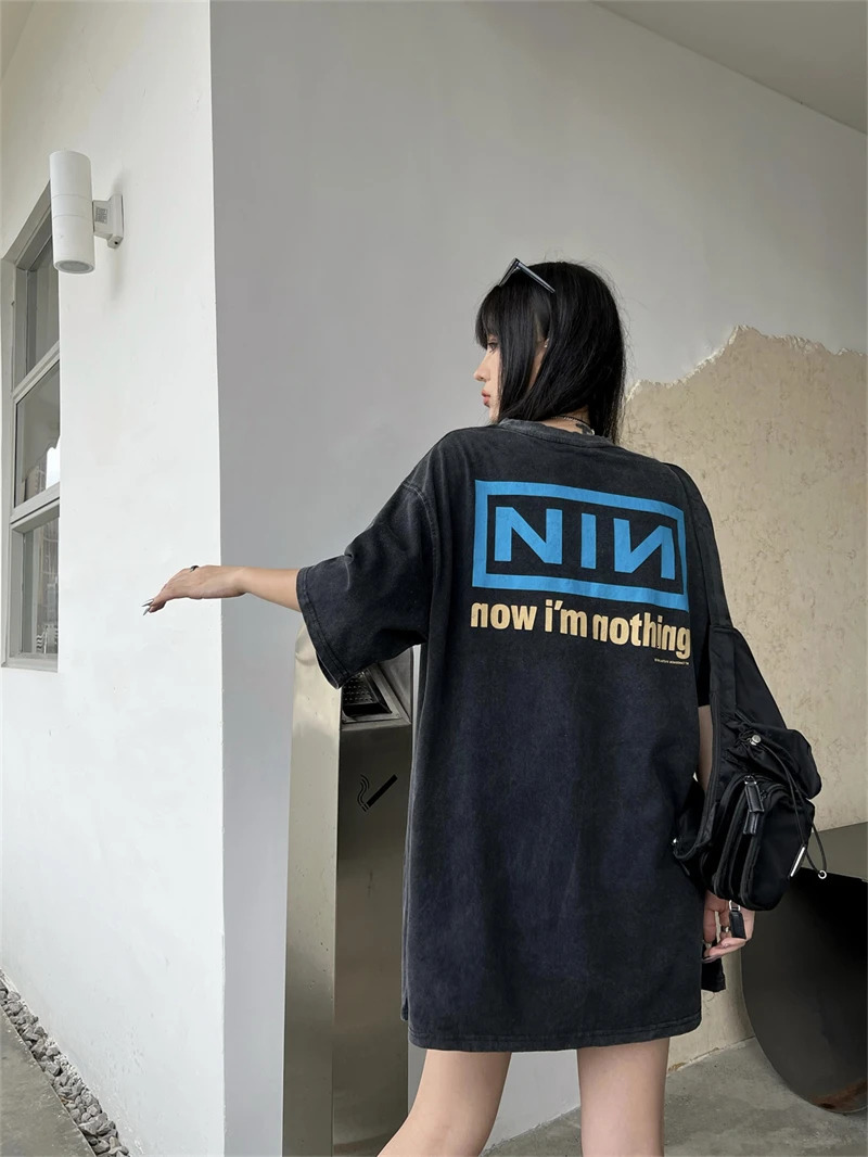 VTG NIN nineinch nail printing washed retro oversized Tshirt high street American casual loose men and women 240409