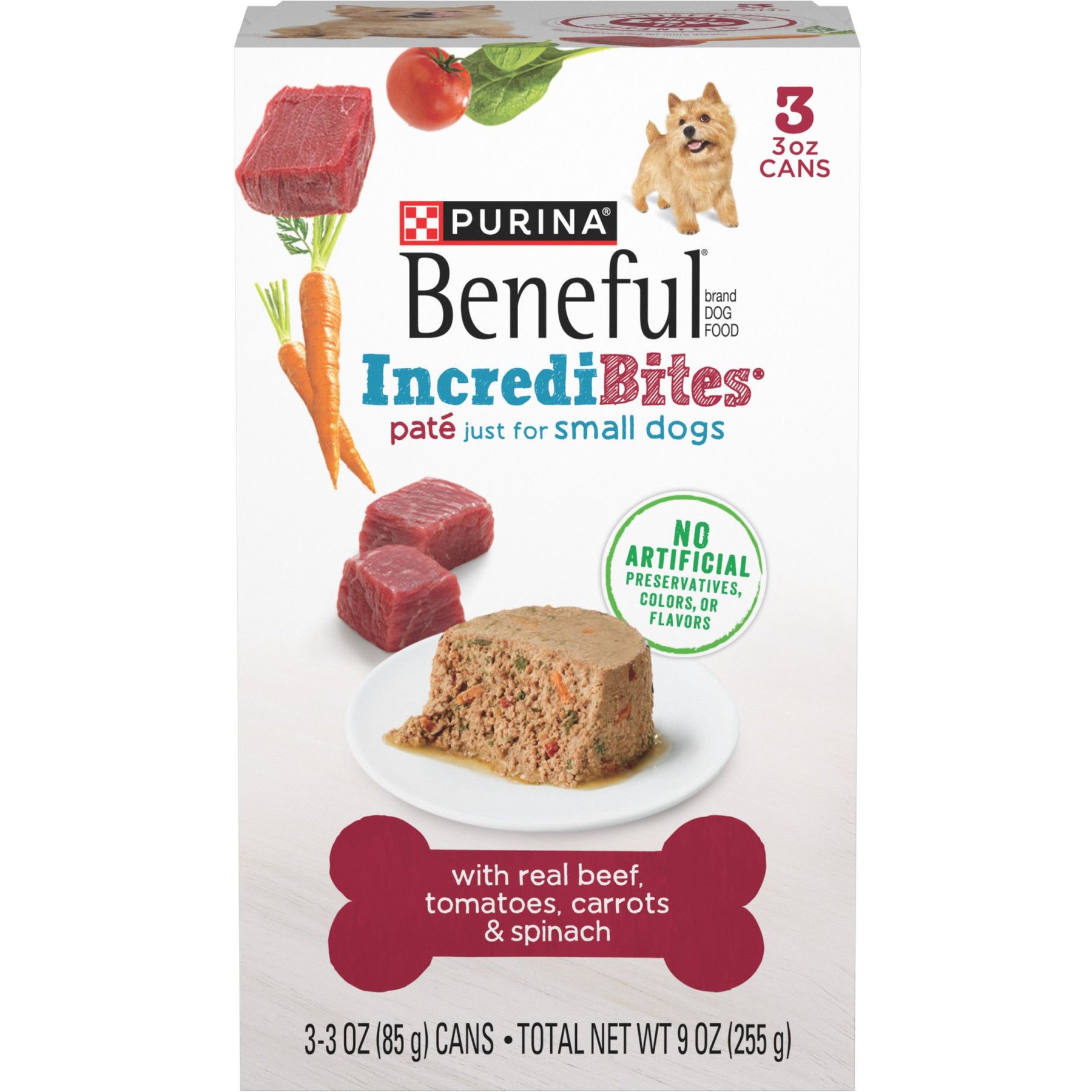 Purina Beneful IncrediBites Pate with Real Beef, Tomatoes, Carrots & Spinach Wet Dog Food, 3-oz can, case of 24