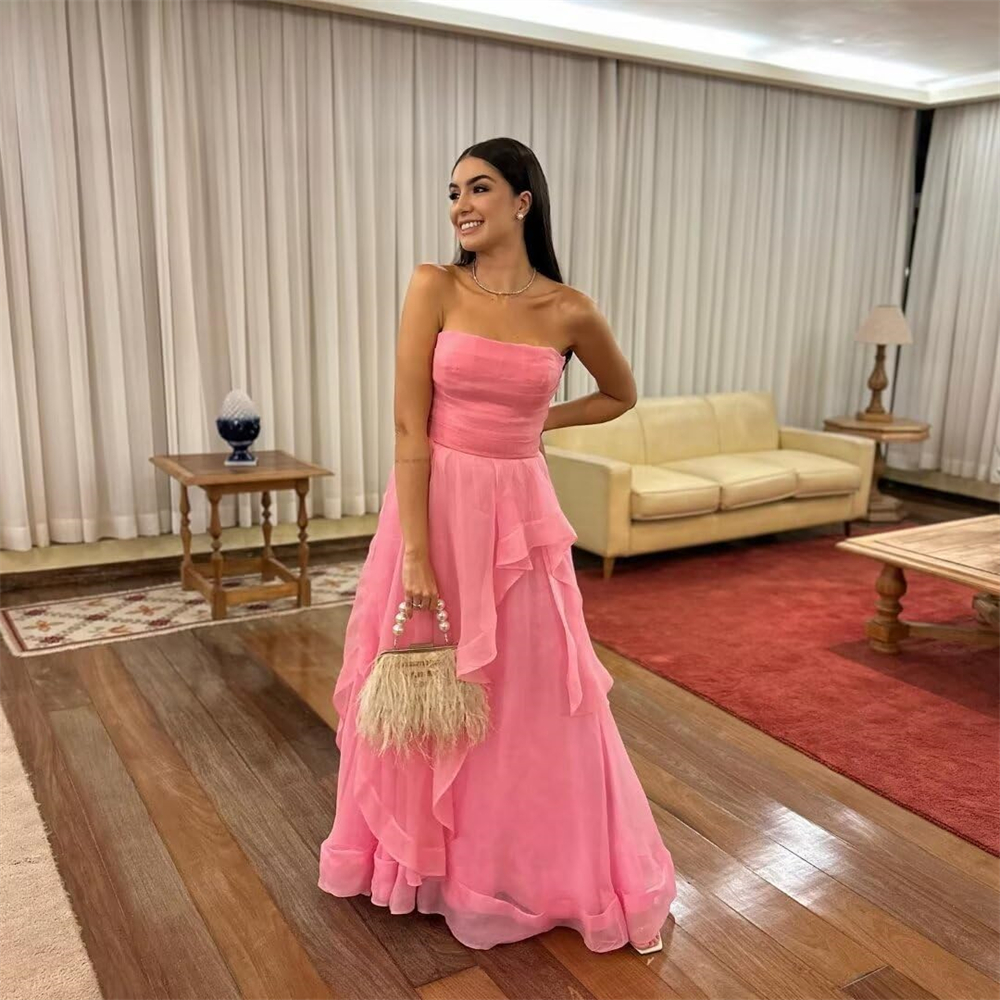 Strapless Long Prom Dresses Chiffon Ruffles A-Line Lace-up Plus Size Formal Occasion Evening Party Gown Pd18