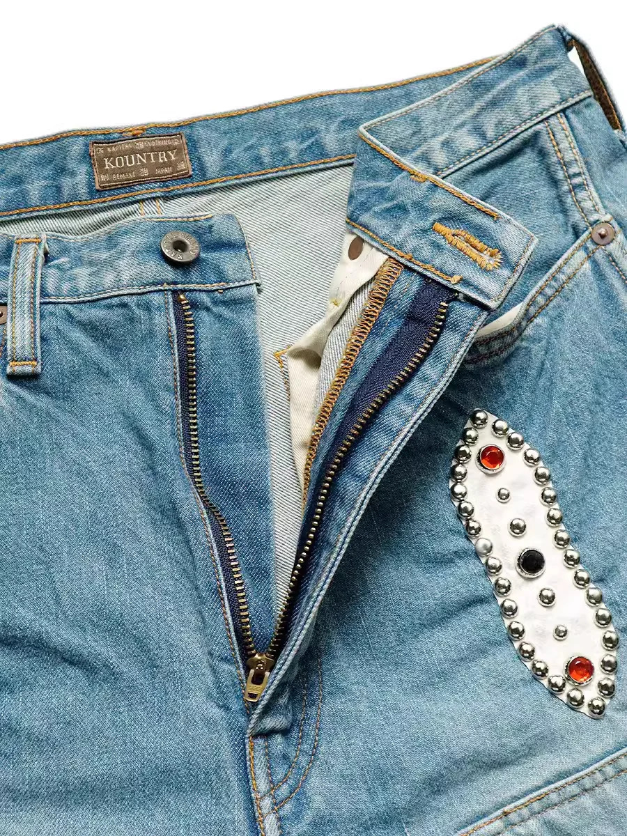 KAPITAL 23SS Blue Dyed Retro Distressed Loose Rivet-Inlaid Gemstone Denim Shorts 240417