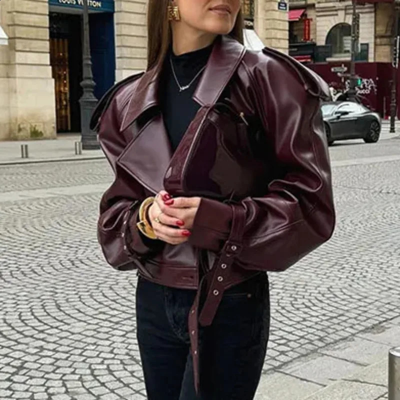 American Vintage Long Sleeve Short PU Leather Jacket Moto Style Burgundy Women Biker Coats Autumn Fashion