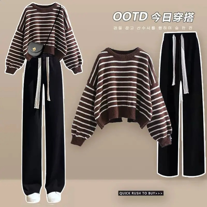 AutumnWinter Womens Set Korean Loose Knitted SweaterHigh Waist Wide Leg Jeans Two Piece Trendy 241121