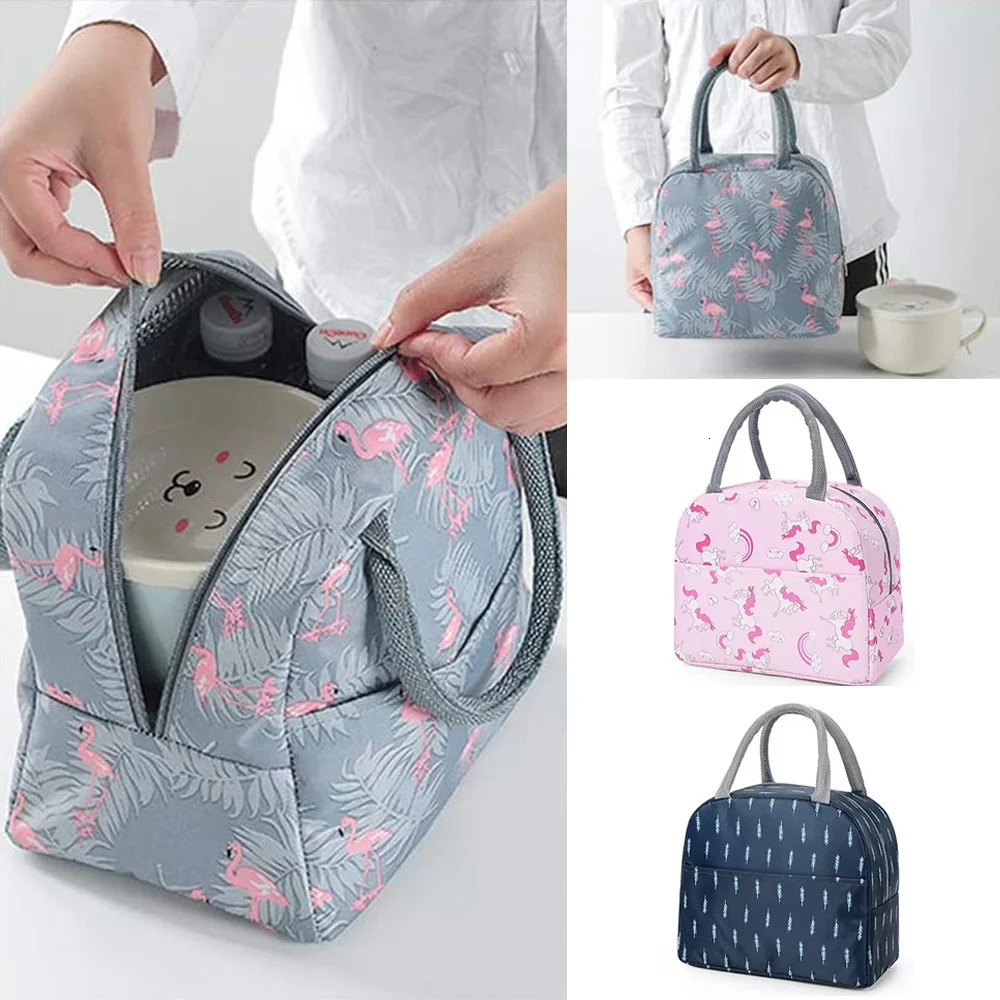 Portable Thermal Lunch Bag Waterproof Insulated Box Bento Pouch Dinner Insulation Student Thickened Flamingo 241122