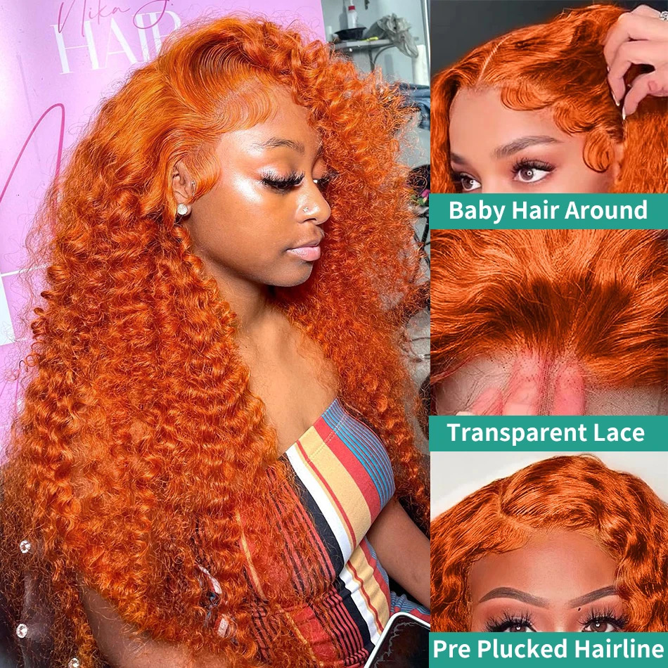 Colored Human Hair Wigs Orange Ginger 13x6 HD Transparent Deep Wave Lace Frontal Human Hair Wig Brazilian Lace Front Wigs 240408