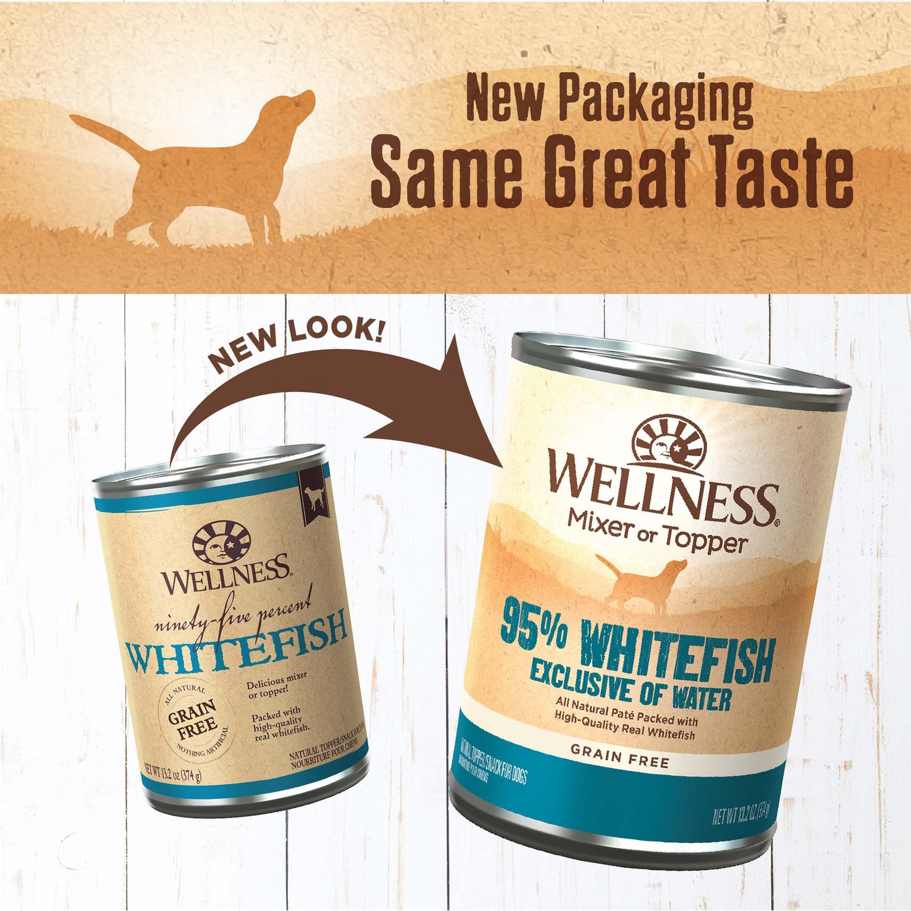 Wellness 95% Whitefish Natural Grain-Free Wet Dog Food Topper, 13.2-oz can, case of 12
