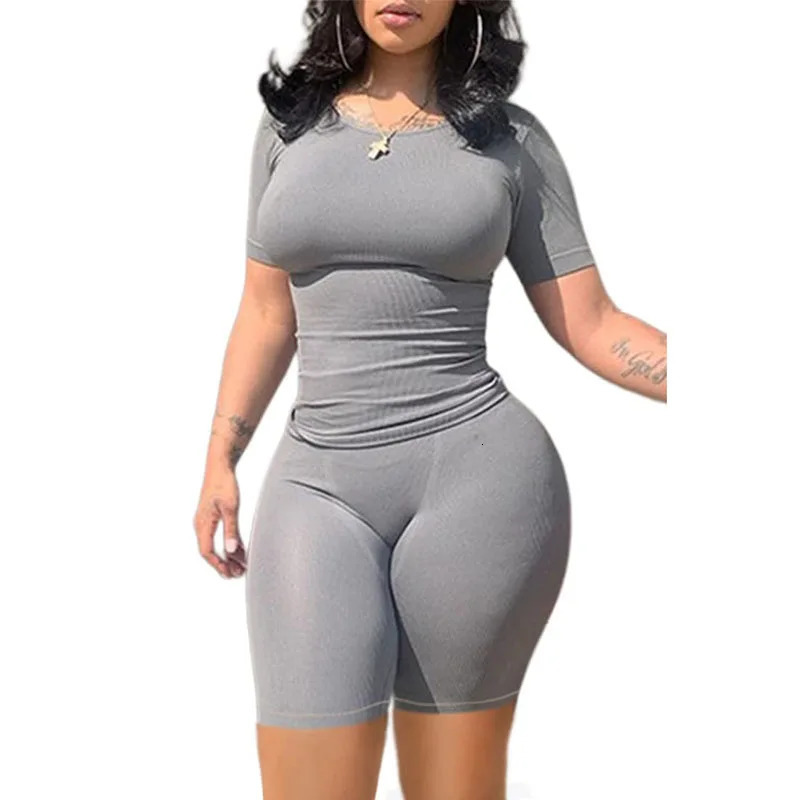 Lounge Wear Ribbed Casual 2 Piece Summer Shorts Set For Somen Short Sleeve TopElastic outfits 240420
