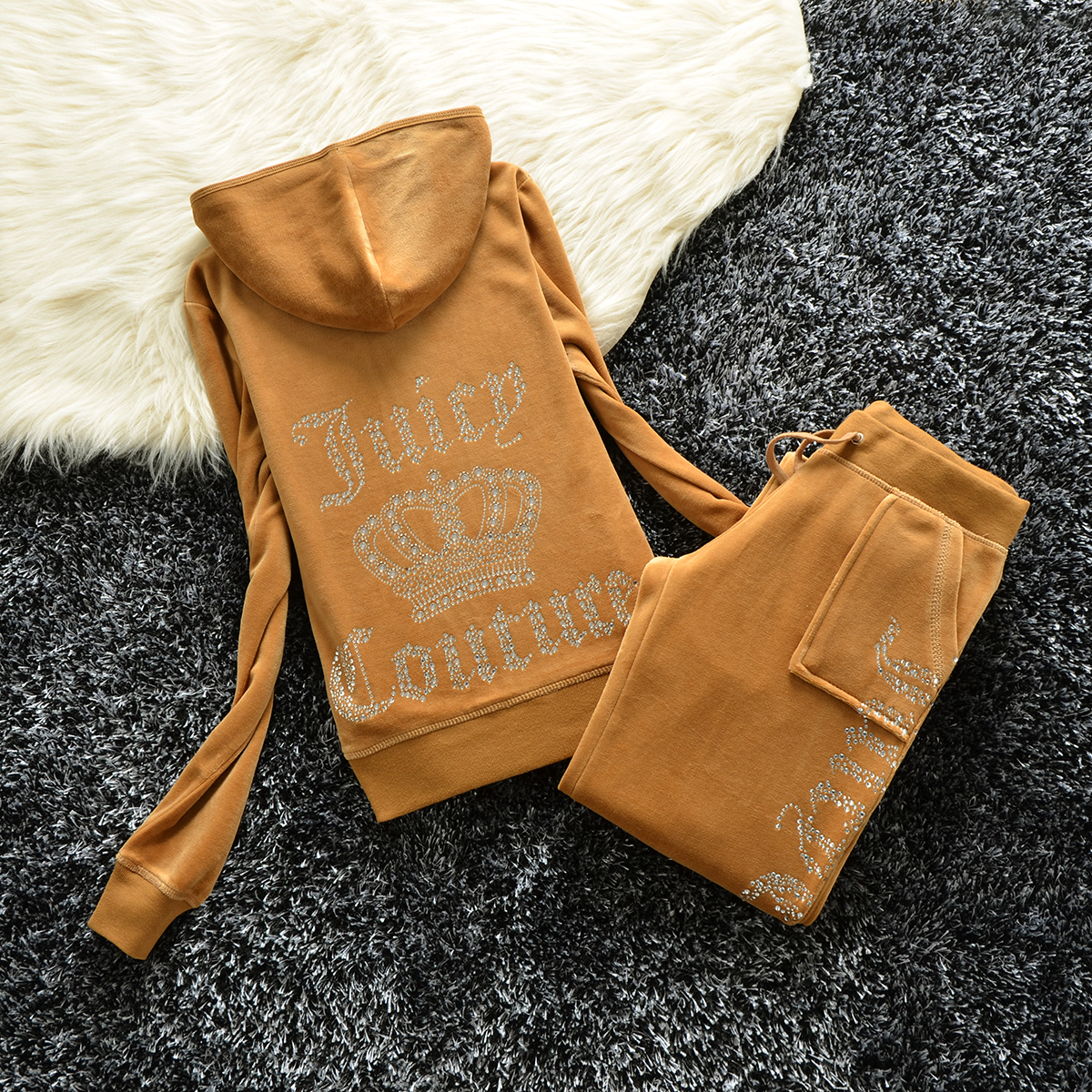 Juicy Tracksuit Womens 2-Piece Hoodie Pants Set Black Zipper Jacket Sweatshirt and Joggers - Designer Couture Casual Activewear C260312