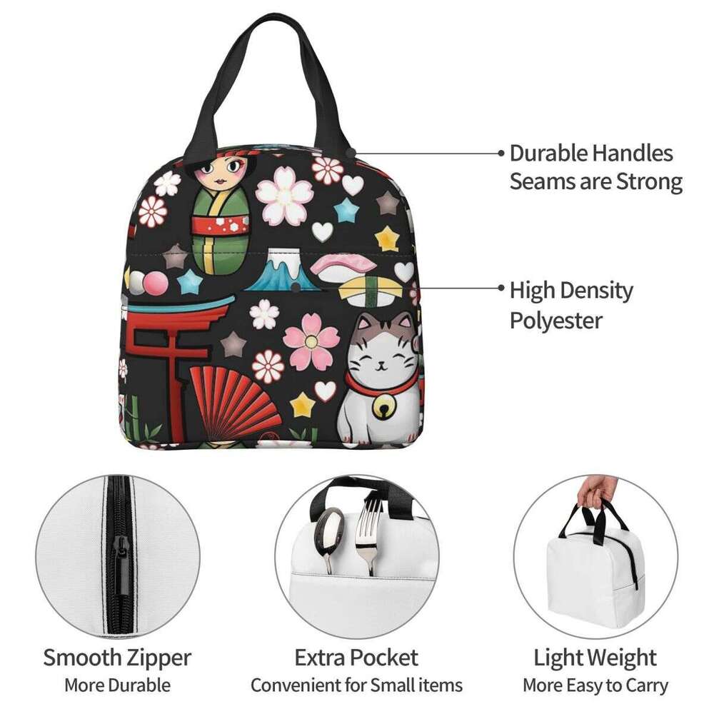 Maneki N Lucky Cat Insulated Bags Cooler Container Kokeshi Japanese Doll Tote Lunch Box Food Bag College