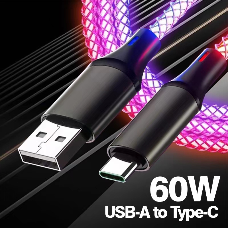 Factory Price 100W LED type c cable fast charging Light Up Lightning cable data usb Mobile iphone cables for Apple,Huawei, OPPO, Vivo