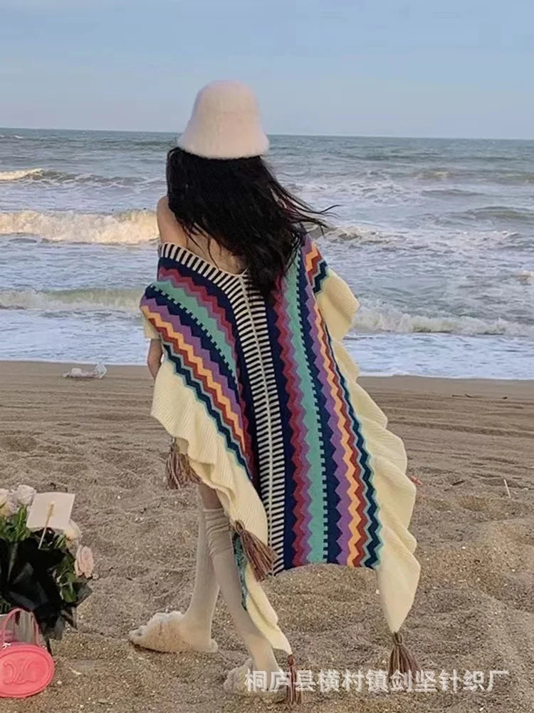 Women Autumn Winter Bohemian Faux Cashmere Ethnic Style Long Thick Poncho Shawl Female Big Pendulum Loose Cloak Coat 240419