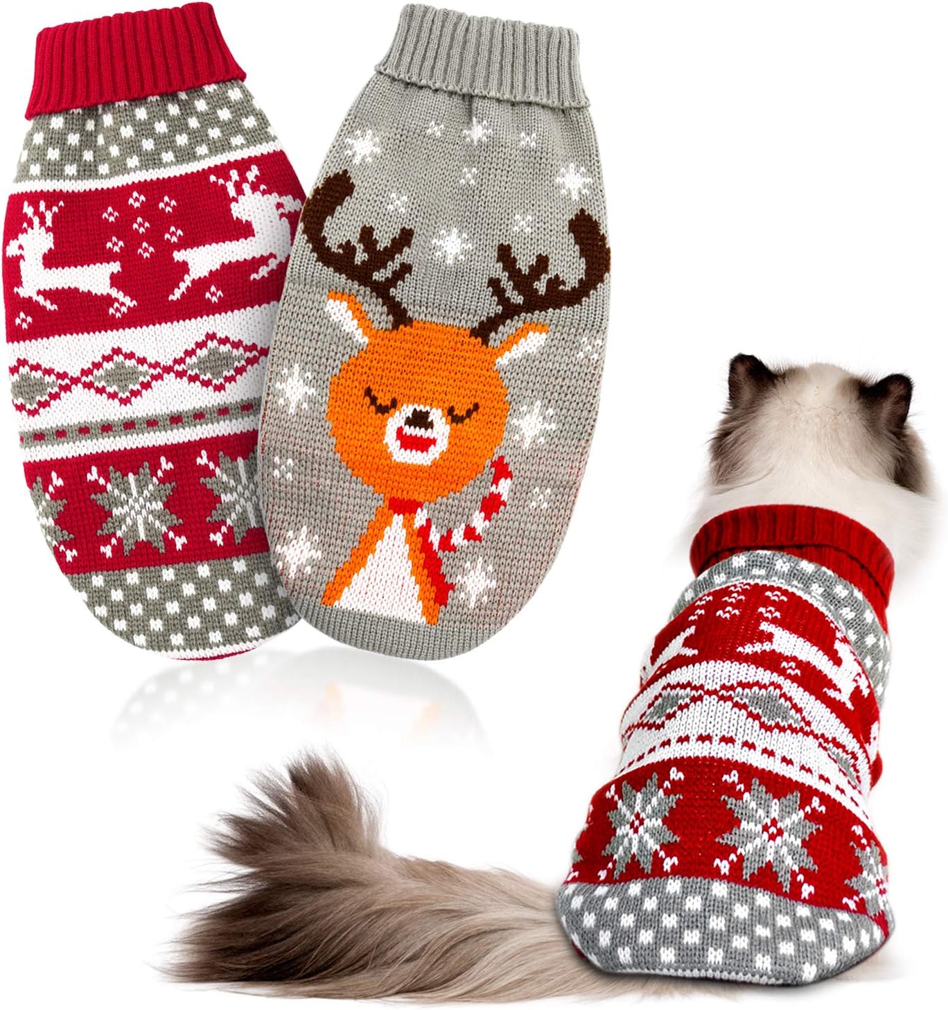 HYLYUN Cat 2 Packs - Puppy Christmas Sweater Pet Reindeer Snowflake Sweaters for Kittys and Dogs S