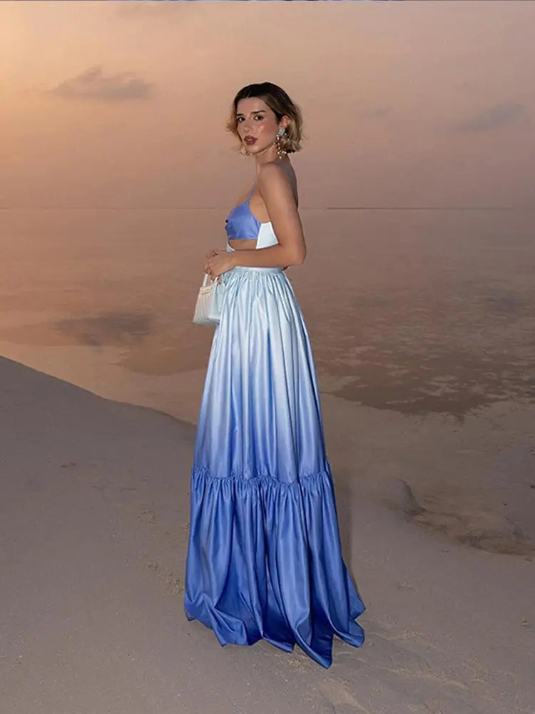 Elegant Hollow Out Pleated Long Dress For Women Sexy Patchwork Sleeveless Backless Robe Chic Holiday Ladies Evening Vestidoes 240420