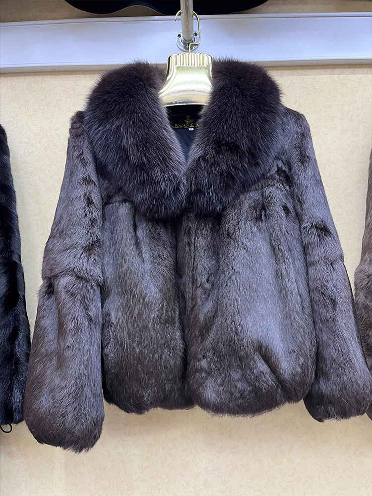 Genuine Whole Skin Real Coat With Natural Fox Collar Jacket Full Pelt Rabbit Fur Overcoat