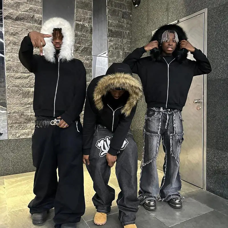 Y2K Zip up hoodie Faux Fur Collar Harajuku Rock Goth Top Retro Punk Loose Jacket Hip Hop Streetwear Zipper Hoodie sweatshirt EMO 241121