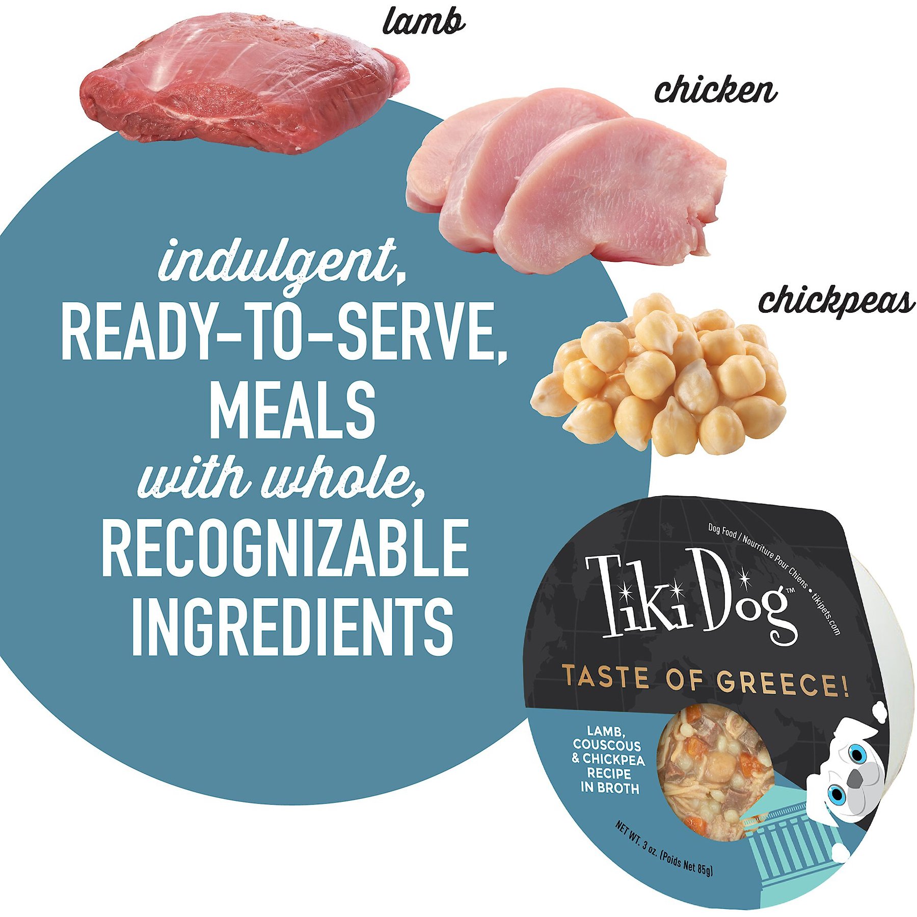 Tiki Dog Taste of Greece Lamb, Couscous & Chickpea Recipe in Broth Wet Dog Food, 3-oz cup, case of 4
