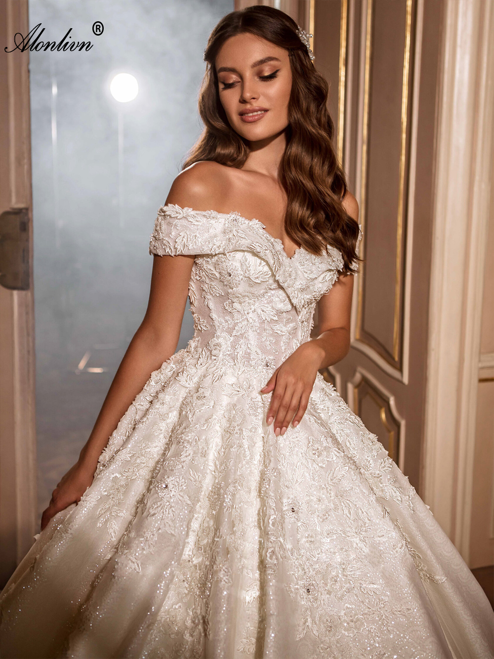 Beading Pearls And 3D Flowers Lace Ball Gown Wedding Dress Off Shoulder short Sleeves Shiny princess Bridal Gowns 2024