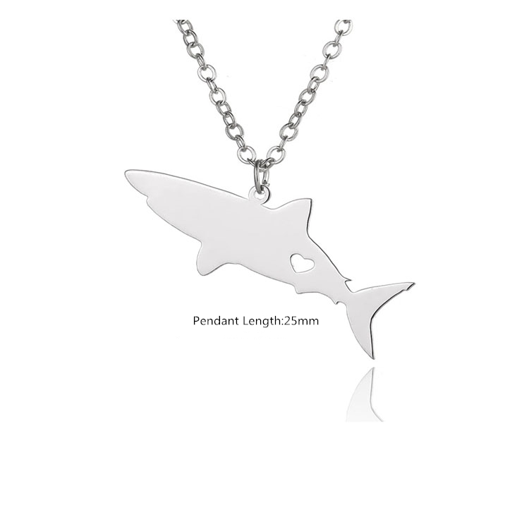 Cute Tiny Fish White Shark Necklace with Heart Small Whale Ray Cetacean Chain Stainless Steel Pendant Clavicle Collar Choker Sea Ocean Aquatic Marine 
