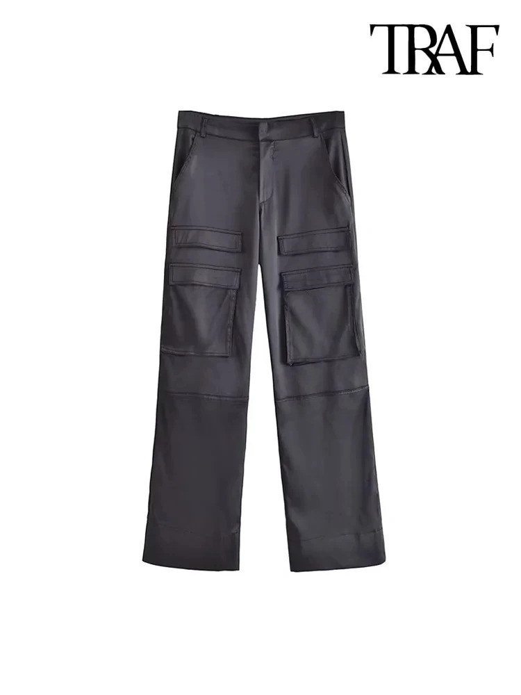 TRAF Women Fashion With Pockets Satin Cargo Pants Vintage High Waist Zipper Fly Female Trousers Mujer 240420