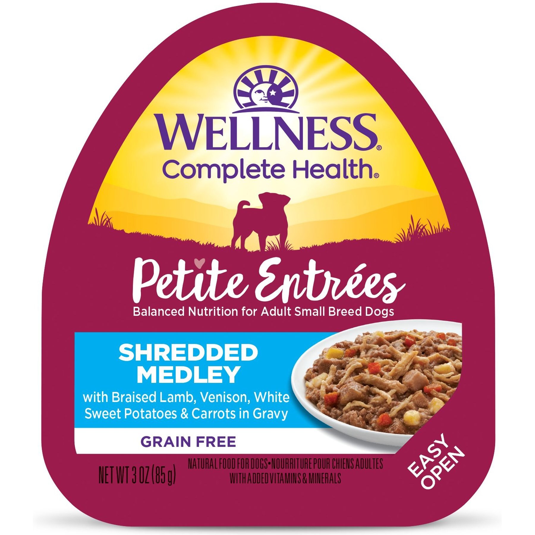 Wellness Petite Entrees Shredded Medley Lamb & Venison Small Breed Natural Wet Dog Food, 3-oz cup, 12 count