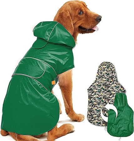 Kimee Raincoat Reversible, Single Side Slicker Poncho Adjustable Waterproof Dog Rain et with Leash Hole/Reflective Stripe Hooded Snowproof Windproof C