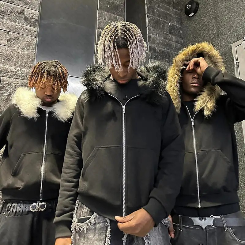 Y2K Zip up hoodie Faux Fur Collar Harajuku Rock Goth Top Retro Punk Loose Jacket Hip Hop Streetwear Zipper Hoodie sweatshirt EMO 241121