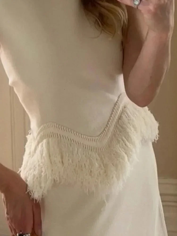 Elegant Tassels Spliced Maxi Skirt Sets Fashion O Neck Sleeveless Solid Slim Fit 2 Piece Set Robes 2024 Female Dress Outfit 241122