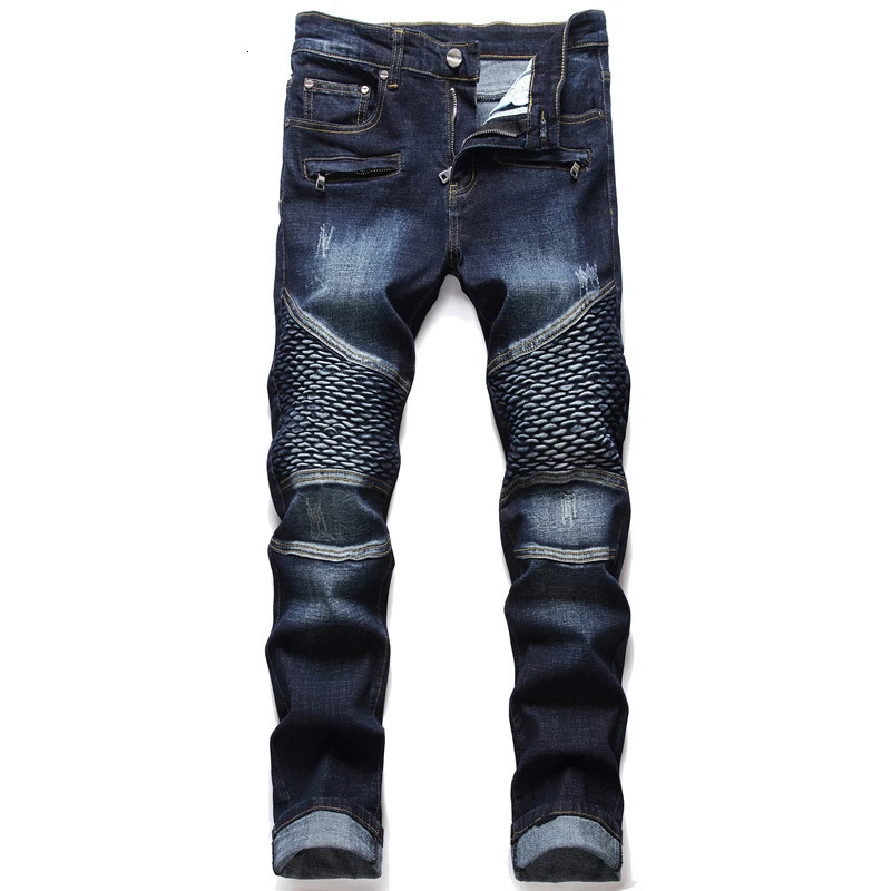 Drop Fashion Biker Jeans Mens Distressed Stretch Ripped Hip Hop Slim Fit Holes Punk Denim Cotton Pants 240415