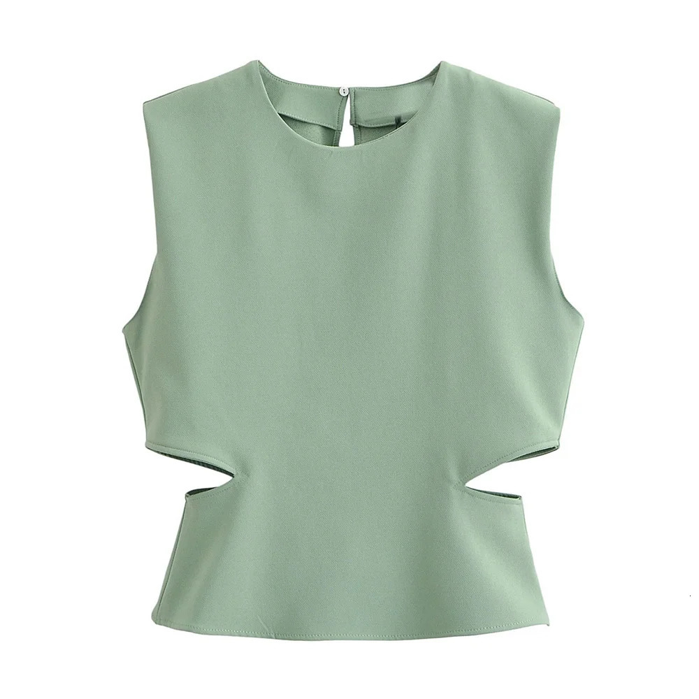 Spring Womens Casual Solid Color Round Neck Sleeveless Hollow Top High Waist Wide Leg Pants Fashion Set 240418