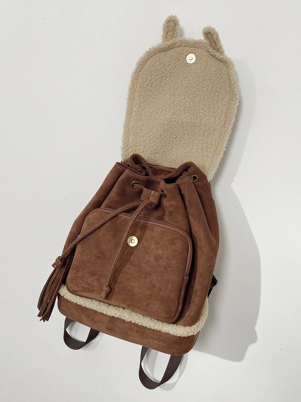 2025S Fashion Designer Vintage Rough Drawstring Backpack Lightweight Plush Schoolbag Suede Lamb Wool Edge Ipad Bag