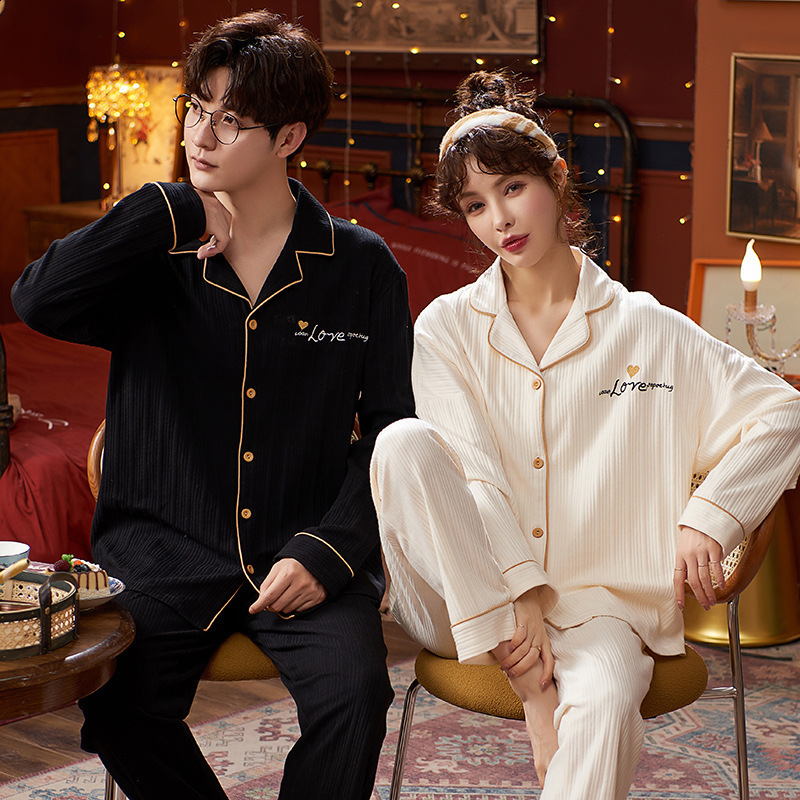 Couples Pajamas in Spring and Autumn Womens Autumn Cotton Mens Home Wear Long Sleeve Pants Set Cardigan Front Button Collar Casual Home 210812
