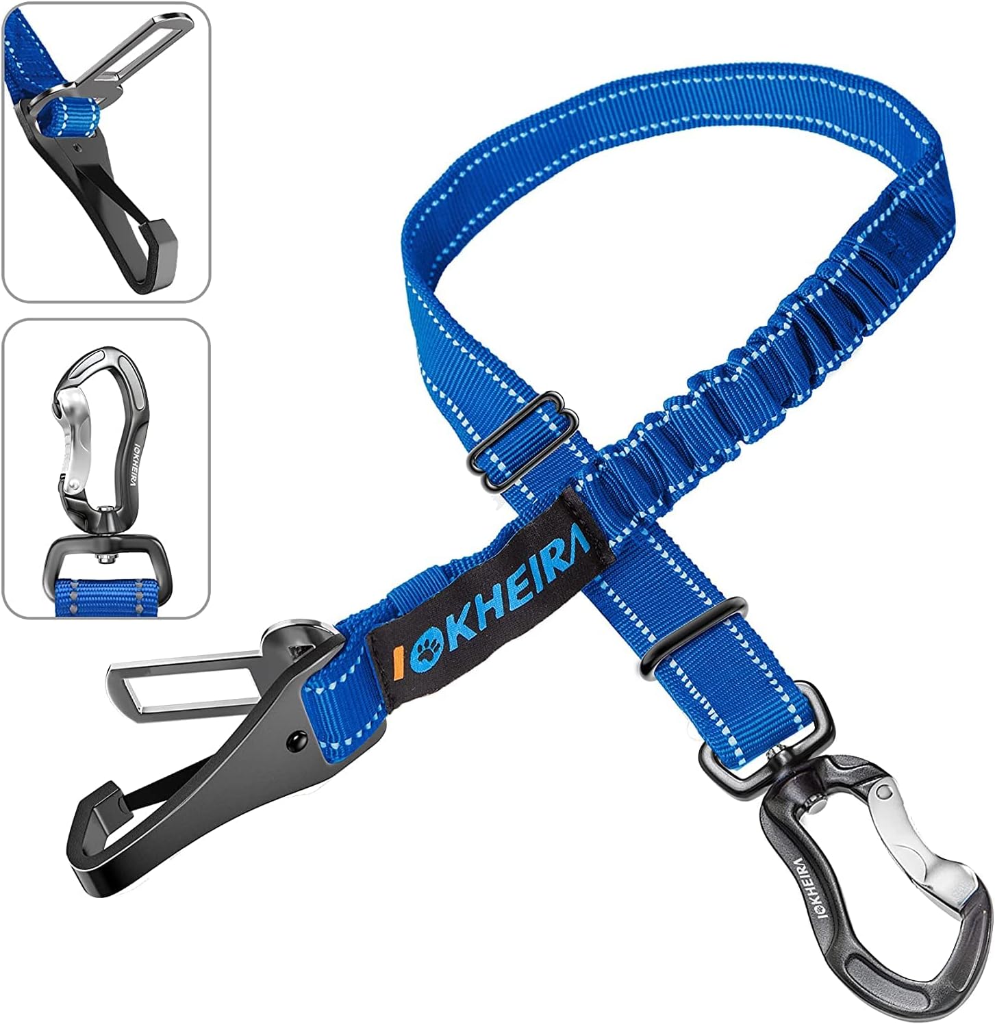 IOKHEIRA Seatbelt, Updated Adjustable Harness Reflective Bungee Dog Car Seat Belt with Aviation Aluminum Alloy Rotatable Carabiner, Hook & Buckle Free