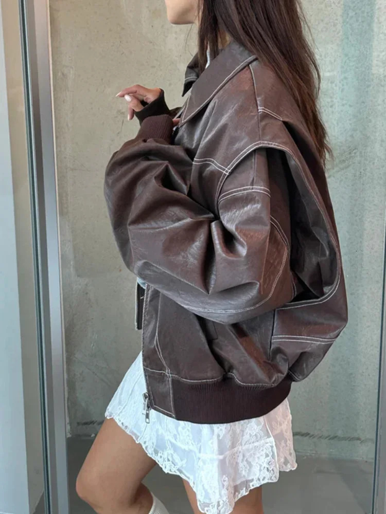 Fashion patch work Pu leather short sleeved jacket womens oversized lapel long sleeved cut jacket womens street jacket 241119