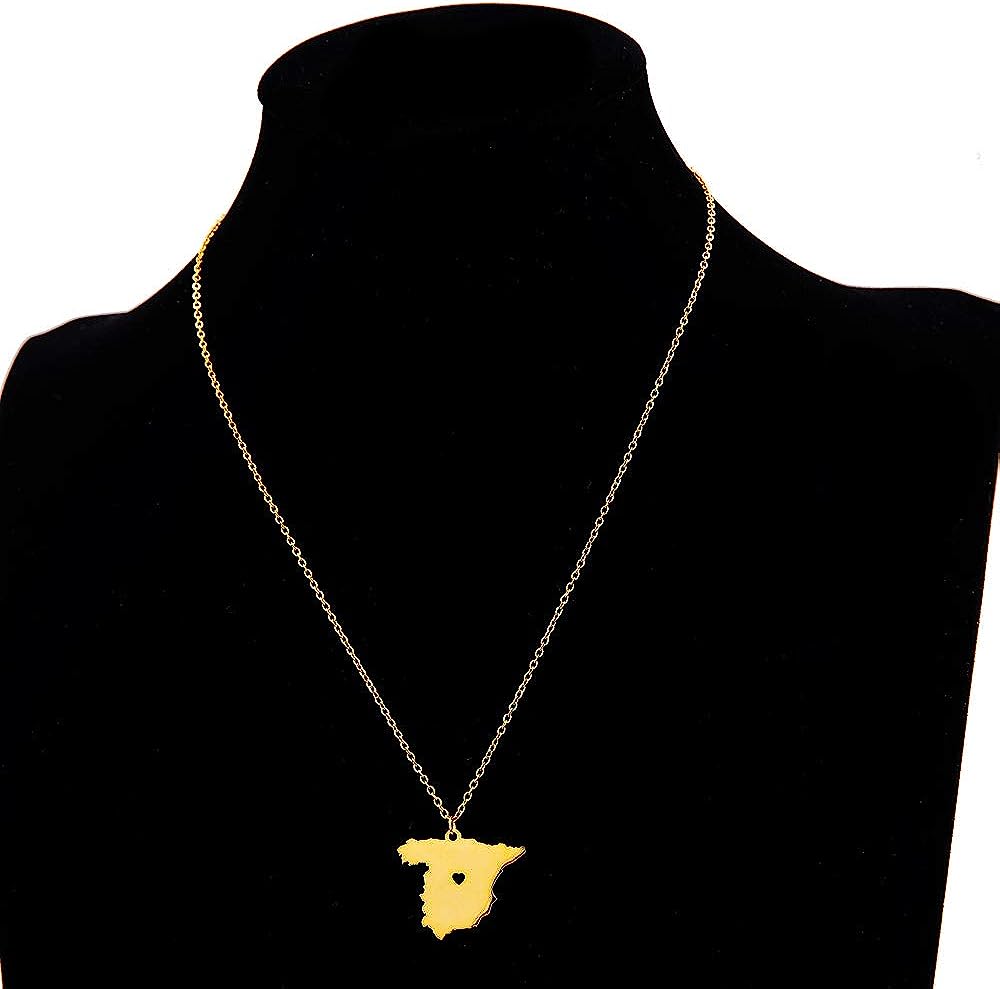 European Country Map of Spain Necklace Stainless Steel Espanha Spanish Pride I Heart Love Capital of Spain Madrid City Necklaces for Souvenir Gift