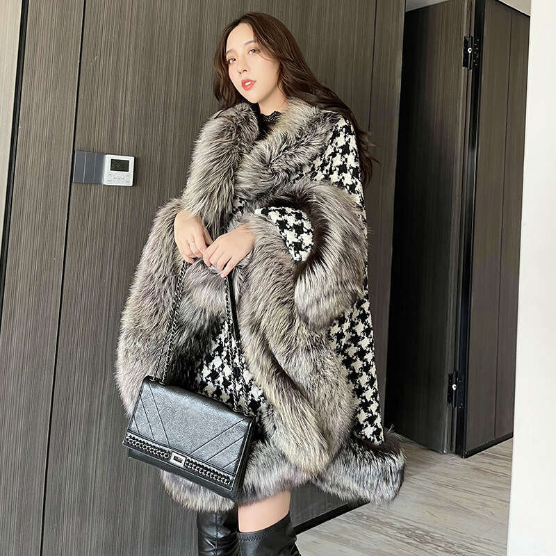 2021 Winter Imitation Fox Fur Grass Women's Versatile Thousand Bird Checkered Scarf Woolen Neck Medium Long Cloak