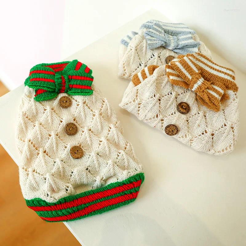 Dog Apparel Pet Sweater Autumn Winter Product Warm Wooden Buckle Bow Cat Clothes Hollow Knitted Cute Ladylike Style