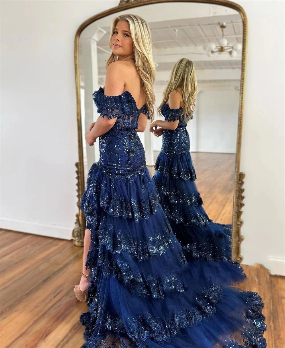 Shiny Sequins Mist Blue Prom Dress 2024 Lace Beaded Off Shoulder Tulle High-low Long Train Formal Birthday Evening Gala Gowns Robe De Soiree
