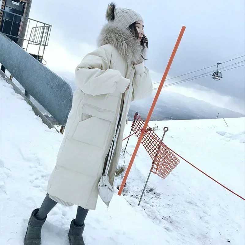 Winter down cotton jacket womens winter hooded faux fur collar coat warm park chiffon coat extra long winter jacket C363 W241122