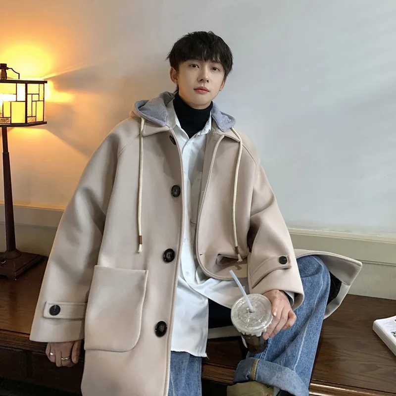 High Quality Korean style medium and long wool mens coat autumn and winter loose Fe two-piece hooded windbreaker Y2k mens clothing T241122