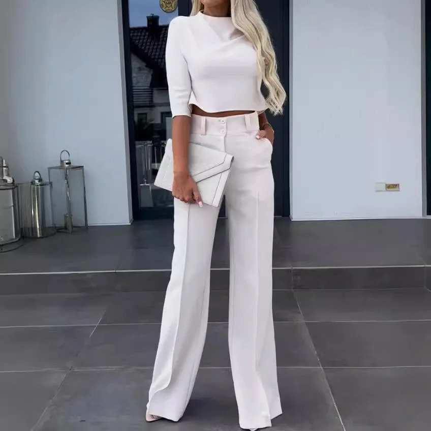 Women Business Blazer Pant Sets 2 Pieces Sale Casual ONeck Short Sleeve Cropped Tops High Waist Pocket Flare Trousers Suits 241122