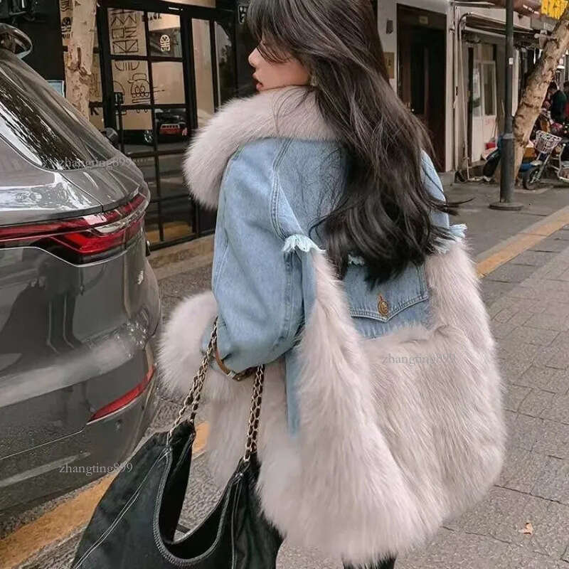 Womens Fur Faux Fur Women Cotton Coat Winter Jacket Female Fur Denim Stitching Parkas Thicken Thin Outwear Big Fur Collar Overcoat 230920