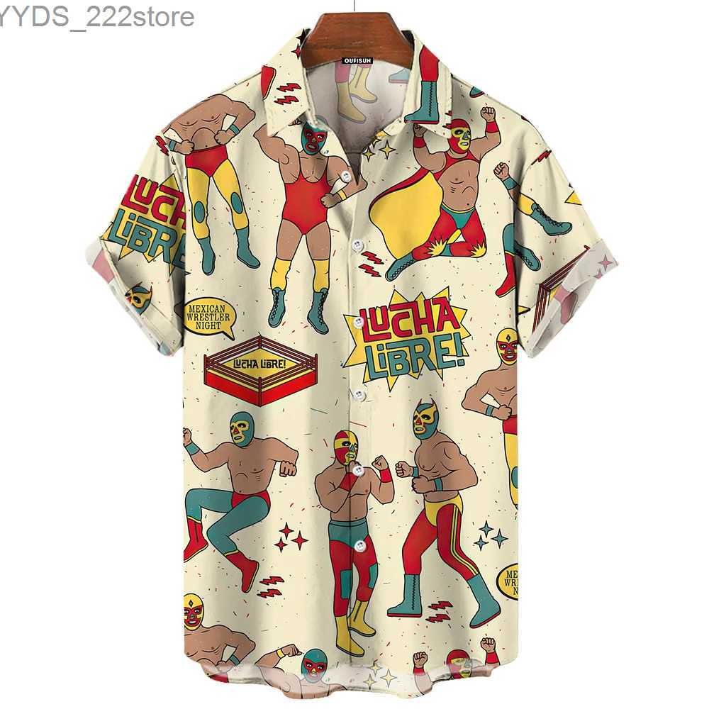 Men's Shirts Vintage mens 3D Mexican wrestling print high-quality mens clothing loose oversized short sleeves yq240422