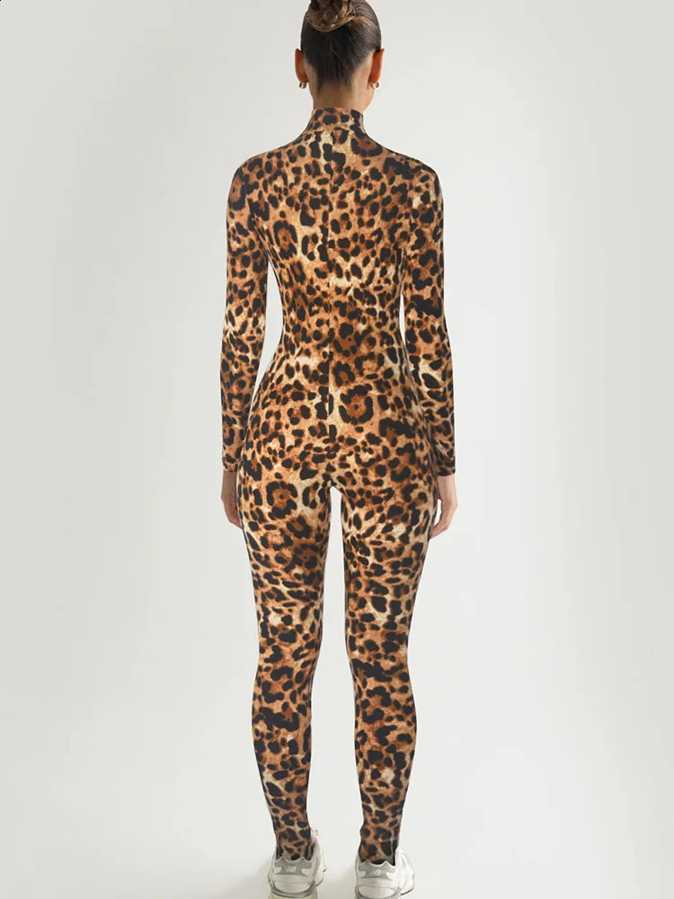 Leopard Print Long Sleeve Jumpsuit Women Front Zipper Stand Collar Sheath Romper Elegant Night Club Outfit One Pieces Overalls 241121